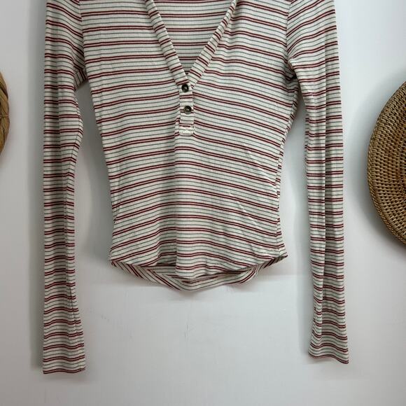 UO Urban Outfitters BDG Striped V-Neck Collared Polo Crop Long Sleeve Top Small - Picture 4 of 8